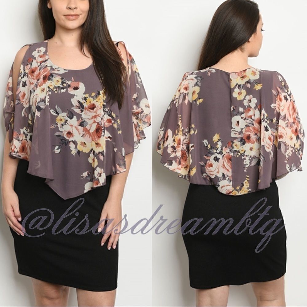 Casual Black Sheath Midi Dress with Knotted Sleeve Floral Overlay 1 1X Left